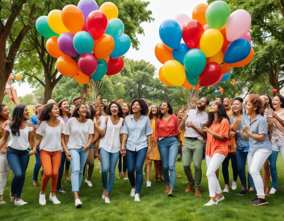 A vibrant, diverse community scene showcasing people of different cultures joyfully interacting in a colorful park. Lush greenery, smiling faces, and uplifting artwork on walls symbolize collaboration and happiness. Include elements like balloons, laughter, and music notes to emphasize a celebratory atmosphere. super-realistic. vibrant colors. white background.
