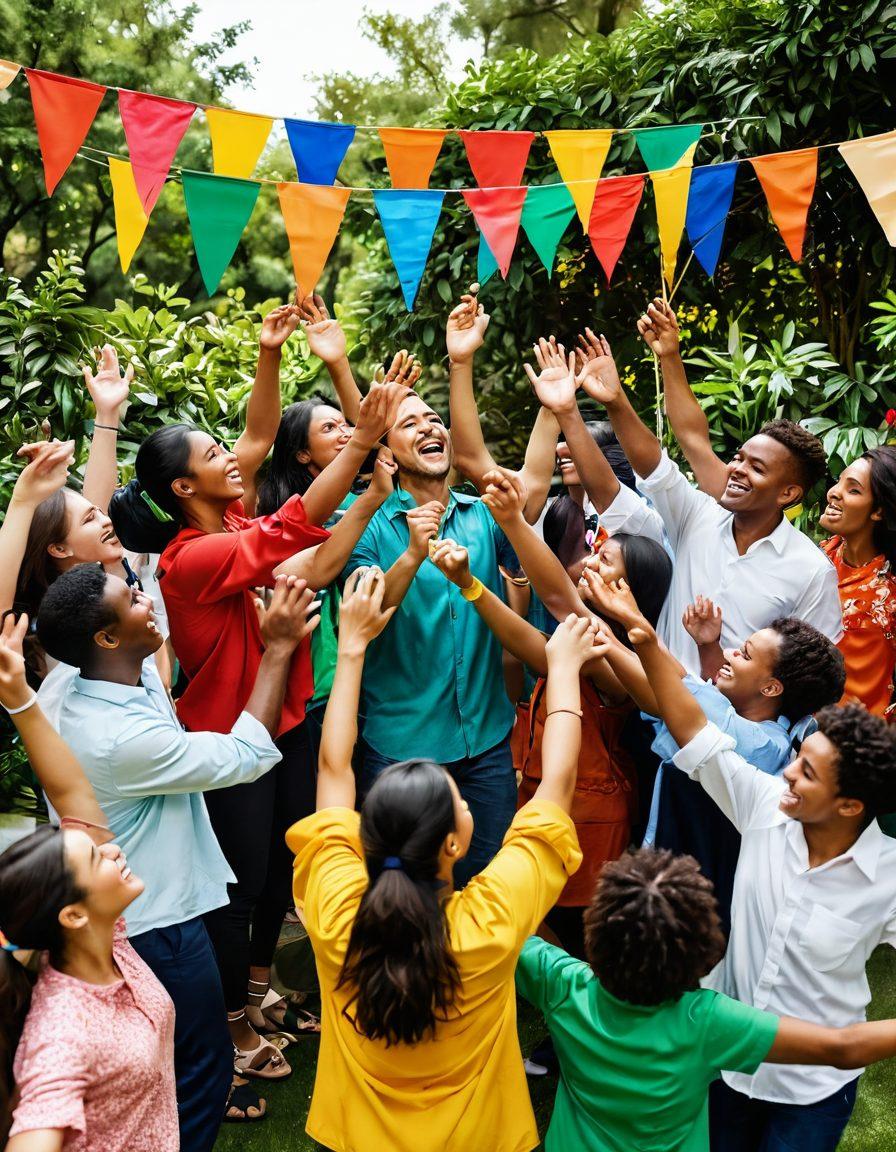 A vibrant scene depicting a diverse group of people from various cultures joyfully interacting in a communal space, surrounded by lush greenery and colorful flags representing different countries. Incorporate expressions of happiness and collaboration as they share ideas and celebrate together. Include elements that symbolize unity, like intertwined hands or a shared globe. Bright and cheerful colors to evoke a sense of joy and connection. super-realistic. vibrant colors. white background.