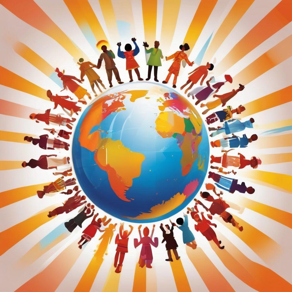A vibrant globe surrounded by diverse people from different cultures, each sharing smiles and engaging in joyful conversations. Colorful landmarks representing various countries subtly blend into the background, symbolizing international connections. Bright rays of sunshine illuminate the scene, evoking a sense of happiness and unity. The individuals are depicted in traditional attire to showcase their unique identities. vector art. vibrant colors. white background.